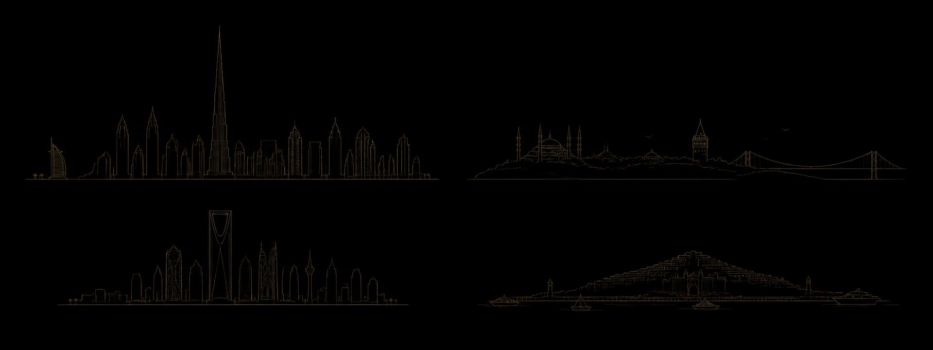 Line-art skylines of Dubai, Istanbul, Riyadh and a coastal island port